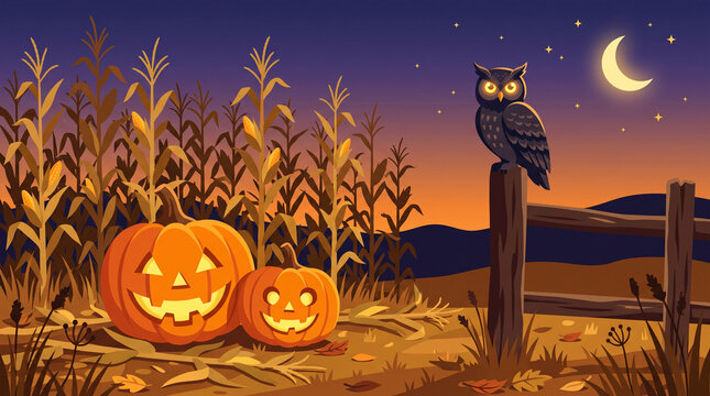 Halloween night scene with jackolanterns in a cornfield and an owl perched on a wooden fence