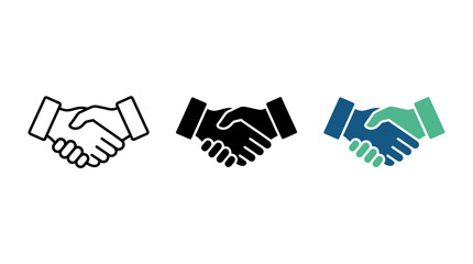 Fototapeta premium Set of three shaking hands handshake icons in outline solid and blue dark green colored styles