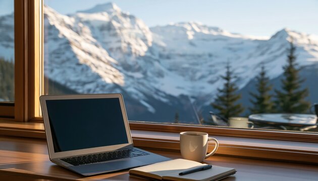 Laptop and computer on a wooden windowsill with a winter mountain view for work