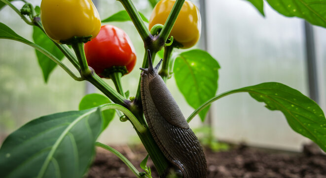Large slug climbing a pepper plant beside ripening yellow and red peppers. Garden pest damage, organic cultivation, sustainable agriculture, and natural ecosystem concept.
