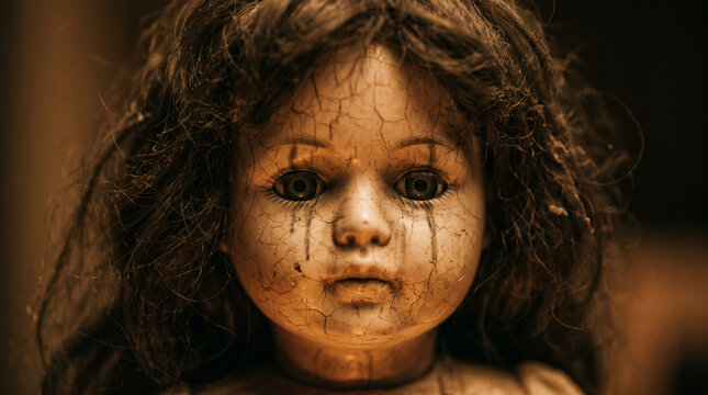 Creepy vintage doll face with cracked porcelain skin and dark hair