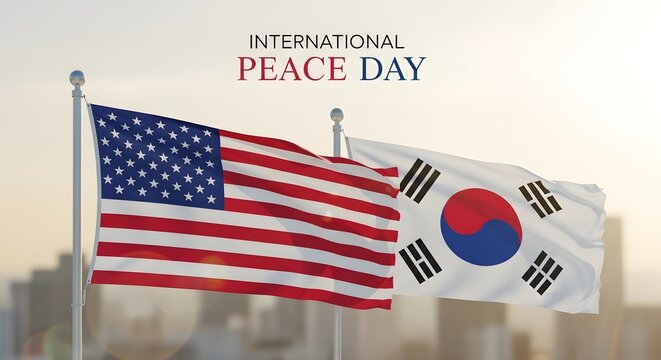 United states and south korea flags waving celebrating peace day together