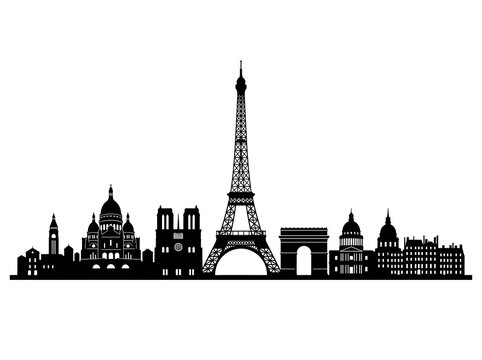 Minimalist Black Silhouette Vector Illustration Featuring the Iconic Architectural Landmarks and Historic Cityscape Skyline of Paris France