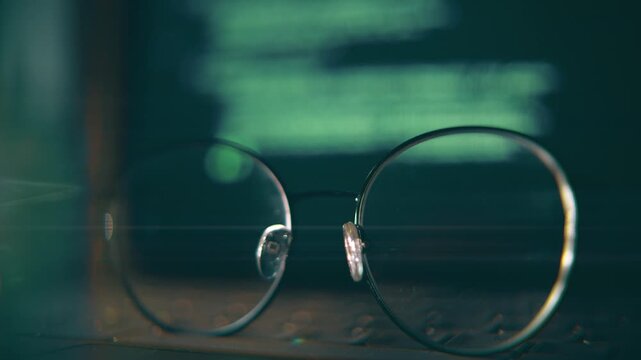 Close-up of eyeglasses resting on a laptop keyboard while green programming code is being typed on the computer screen in the background, creating a cinematic software development scene
