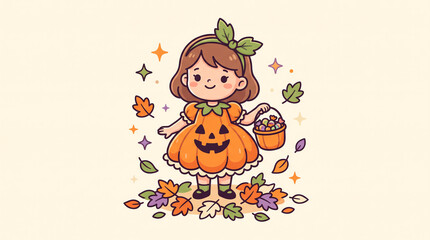Fototapeta premium Cute little girl wearing a pumpkin costume holding a candy basket for a fun halloween trick or treat