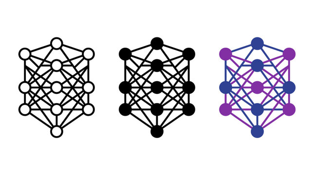 Multilayered hexagonal tree structure network nodes icon set with connection hexagonal structure