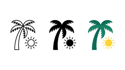 Fototapeta premium Palm tree and sun icon set in outline solid and flat design styles with tropical, vacation