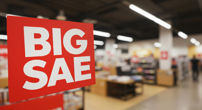 Big sale sign displayed in a retail store. Shopping discount promotion with blurred merchandise shelves and copy space for commercial advertising.