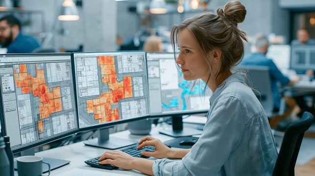 Young professional intently studies complex data visualizations displayed across a trio of monitors, suggesting an analysis focused within an active collaborative modern workspace