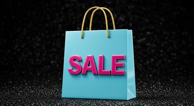 Shopping bag with sale lettering on a glittering black background. Retail discount promotion, seasonal shopping event, consumer commerce and advertising concept.