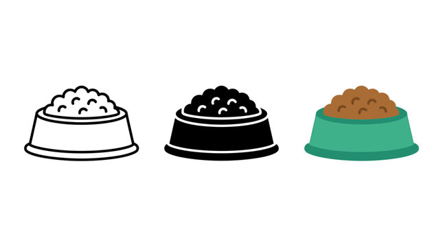 Dog food bowl icon set: outline solid fill color versions with pet supply illustration nutrition