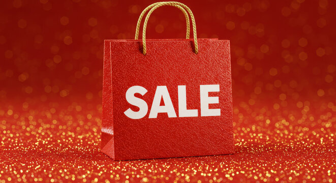 Red shopping bag with sale lettering on glitter background. Retail discount promotion, seasonal shopping event, consumer marketing, and commercial advertising concept with copy space.