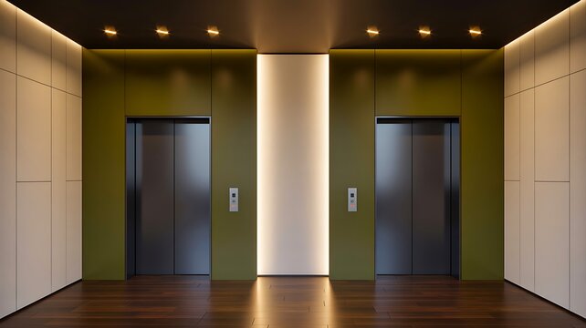 Modern office elevator lobby with symmetrical doors and warm architectural lighting