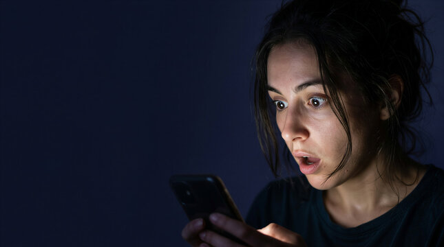 Young woman gazes at glowing smartphone screen with wide eyes and a startled expression during the deep hours of the night