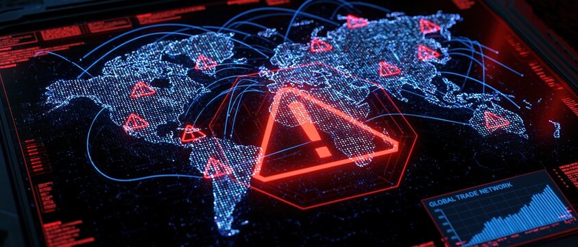 Cyber security alert with digital global network map and red warning technology