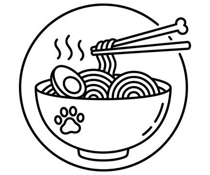 Minimalist ramen bowl line art, Japanese noodle soup with paw print icon, black and white food illustration for pet friendly cafe