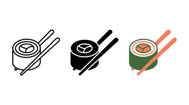 Sushi maki roll icon set with chopsticks in outline solid and colorful styles, chopsticks
