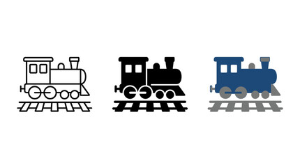 Retro steam locomotive train icon set featuring line art, solid, and colorful flat styles © Al Rafi