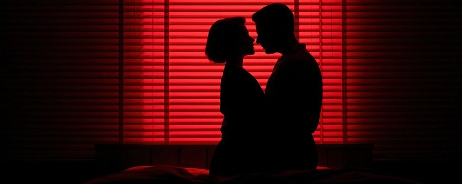 Silhouette of a couple in a romantic embrace with red light and shadow in a room