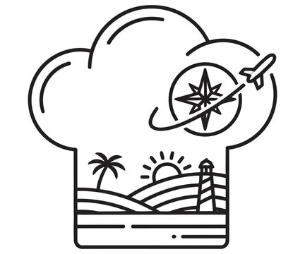 Minimalist chef hat line art, culinary travel logo with airplane and lighthouse, tropical food tourism icon on white background