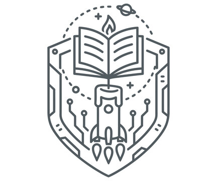 Minimalist line art rocket and book emblem, futuristic shield crest with space exploration icons, creative education and technology logo