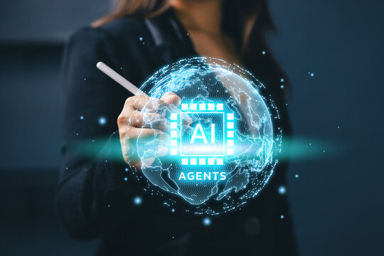 Business professional interacts with AI agents on a digital global network, illustrating artificial intelligence, automation, machine learning, innovation, and future technology.