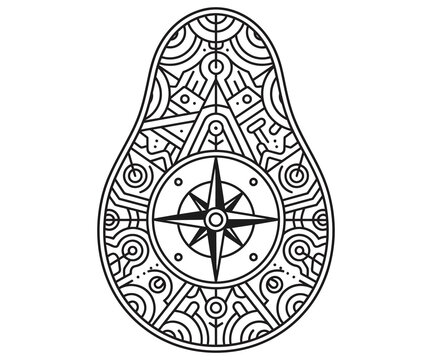 Geometric avocado line art illustration, intricate fruit mandala with compass rose, black and white botanical coloring page