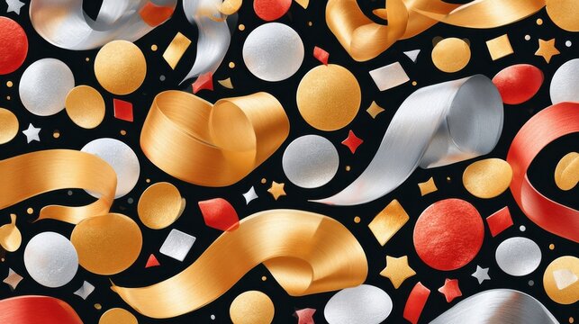 Falling confetti and streamers in gold silver red against black background