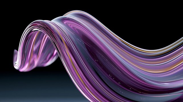 Iridescent purple ribbon gracefully curls and flows against a dark background, showcasing vibrant color blends and suggestive of elegance and fluid motion