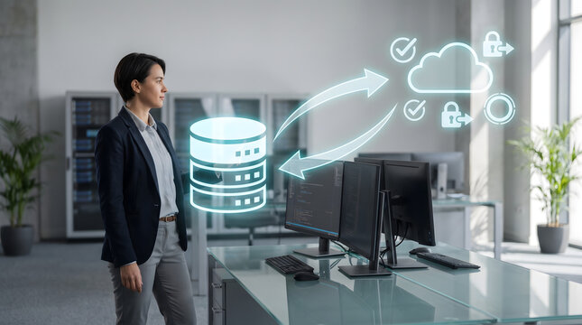 Professional standing near server rack with cloud data migration concept