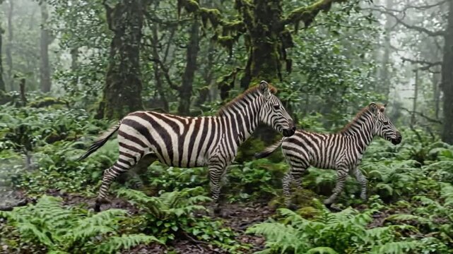 Zebras walk through a lush misty forest gradually moving forward across the frames wildlife forest mist nature animals fauna