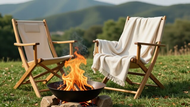 Two wooden outdoor lounge chairs with white fabric cushions and throws, facing a small open fire pit in a scenic grassy field with trees and mountains in the background