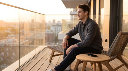 Fototapeta premium Handsome man sitting on armchair on luxury apartment balcony enjoying sunset city view, relaxed evening modern home lifestyle and luxury living concept.