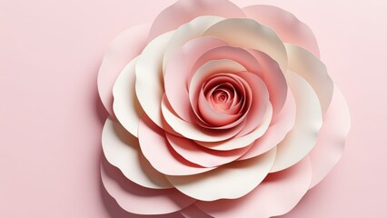 Fototapeta premium Close-up of elegant pink and white layered paper rose with detailed petal textures, on soft pink background, suitable for romantic, floral, and wedding themes
