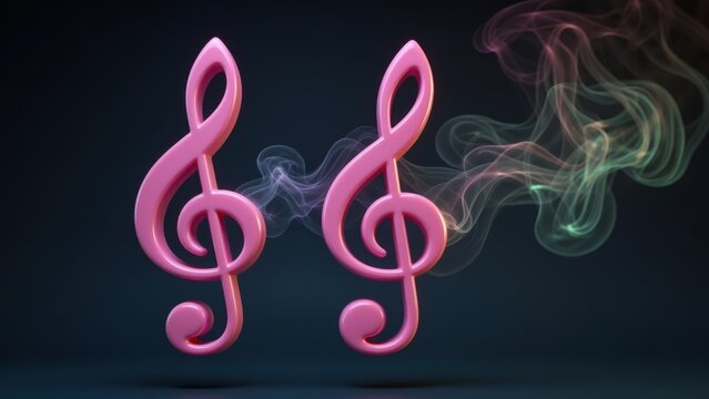 Pink 3D Treble Clef Symbols with Colorful Smoke Effects on Dark Background, Musical Art, Modern Design, Artistic Composition