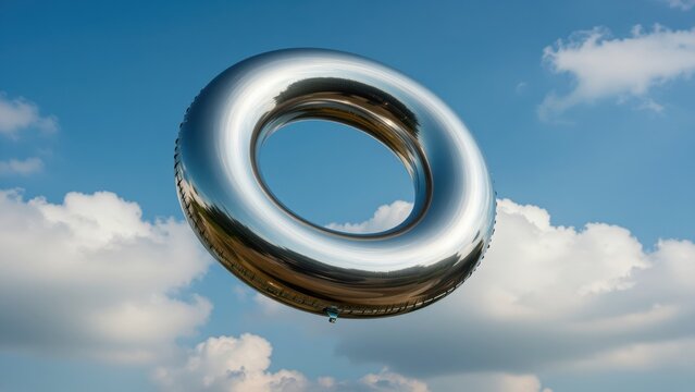 Shiny metallic torus sculpture floating in the bright blue sky with clouds, modern abstract art, reflective surfaces, minimalistic design, science fiction concept