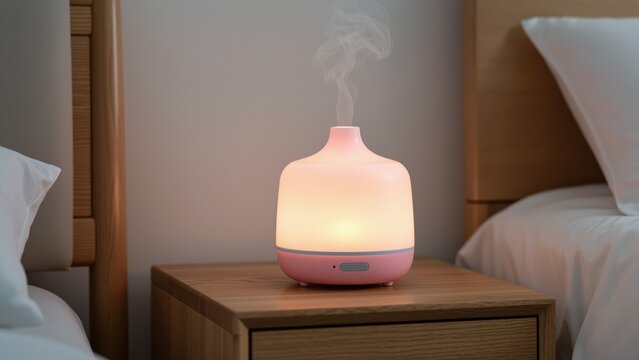 Pink and white essential oil diffuser emitting mist on a wooden bedside table in a cozy bedroom setting, relaxing aromatherapy for sleep and wellness