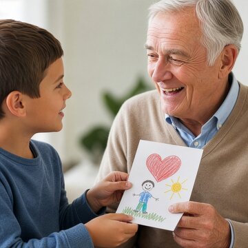 Grandson giving his happy grandfather a hand-drawn card with a heart, concept of family love, generations bond, care and grandparent grandchild relationship