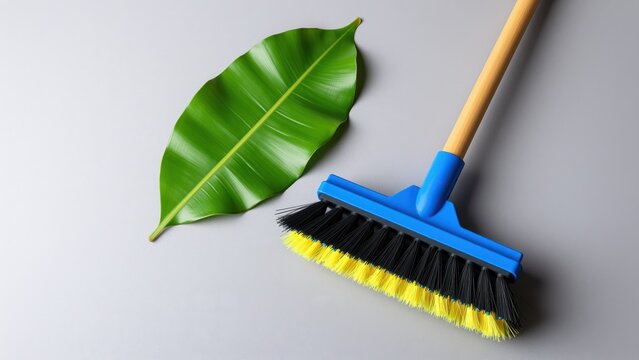 Cleaning broom with blue handle and yellow and black bristles alongside a large green tropical leaf on a gray background, minimalistic and modern cleaning tools concept
