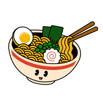 Cute Japanese Ramen Noodle Bowl with Egg and Toppings Illustration