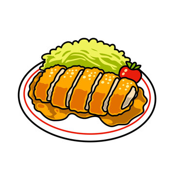 Cute Japanese Breaded Cutlet with Cabbage Food Illustration