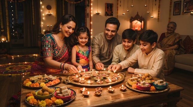 Indian family celebrating diwali festival with children and grandmother at home