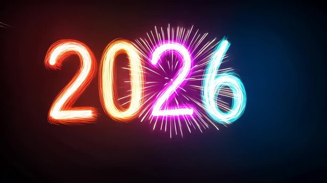 Vibrant neon colors forming 2026 for festive celebrations and new year themes