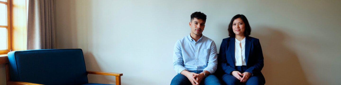 Portrait of young adult businessman and Asian businesswoman sitting side by side, facing camera with professional confidence. Ideal for corporate team, recruitment, partnership marketing