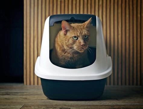 Orange cat sit in a closed litter box and looks intently outside. Horizontal image with selective focus. 