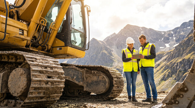 Two construction engineers in high-visibility vests and hard hats review technical data on a tablet next to a yellow crawler excavator tracks at a mountain infrastructure site.