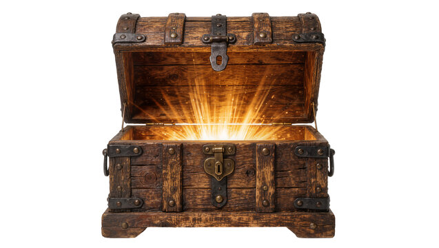 Antique wooden treasure chest with metal accents glowing light emanating from within, isolated on transparent background