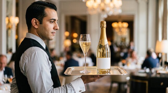 Professional waiter holding silver tray with bottle of sparkling wine and one tall glass inside elegant restaurant interior lighting scene