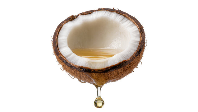 Half coconut with golden liquid and oil dripping, isolated on transparent background