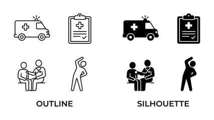 Fototapeta premium Healthcare Icons: A collection of outline and silhouette icons representing medical services, including an ambulance, medical record, doctor-patient consultation, and exercise.